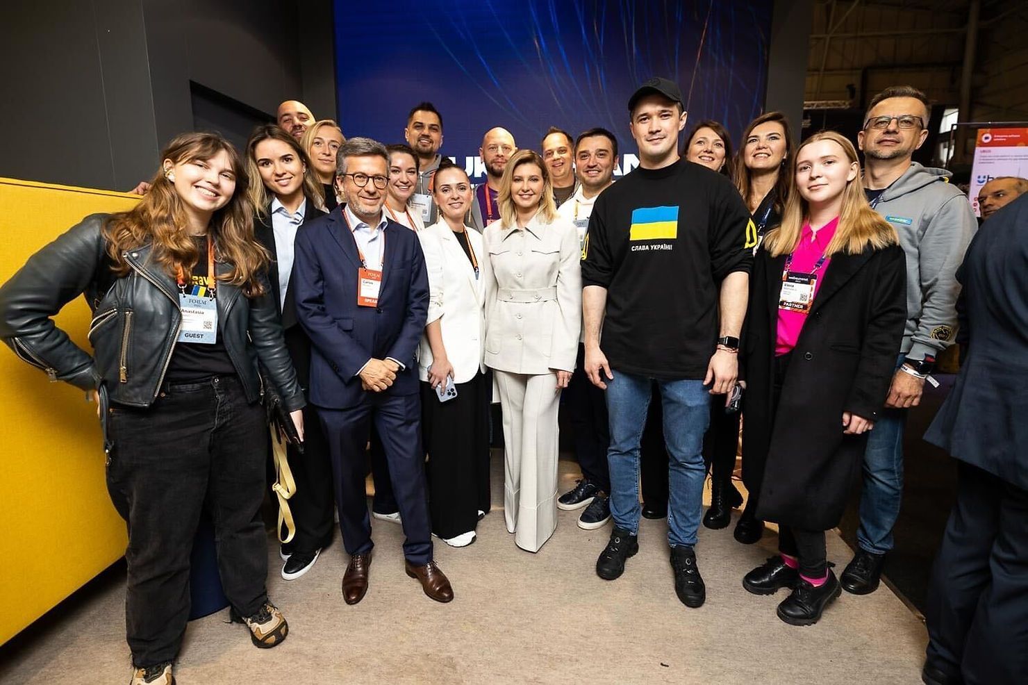 Ukraine’s First Lady Olena Zelenska (C) and Digital Transformation Minister Mykhailo Fedorov (5th R) visited the Ukrainian pavilion co-organized by Flyer One Ventures at Web Summit 2022. In total, 30,000 people visited it.